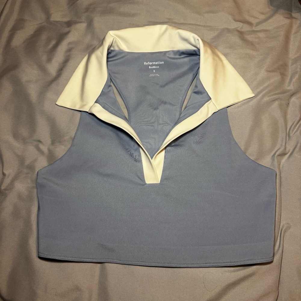 Reformation EcoMove Blue White Collar Athletic Crop Tank Top Small